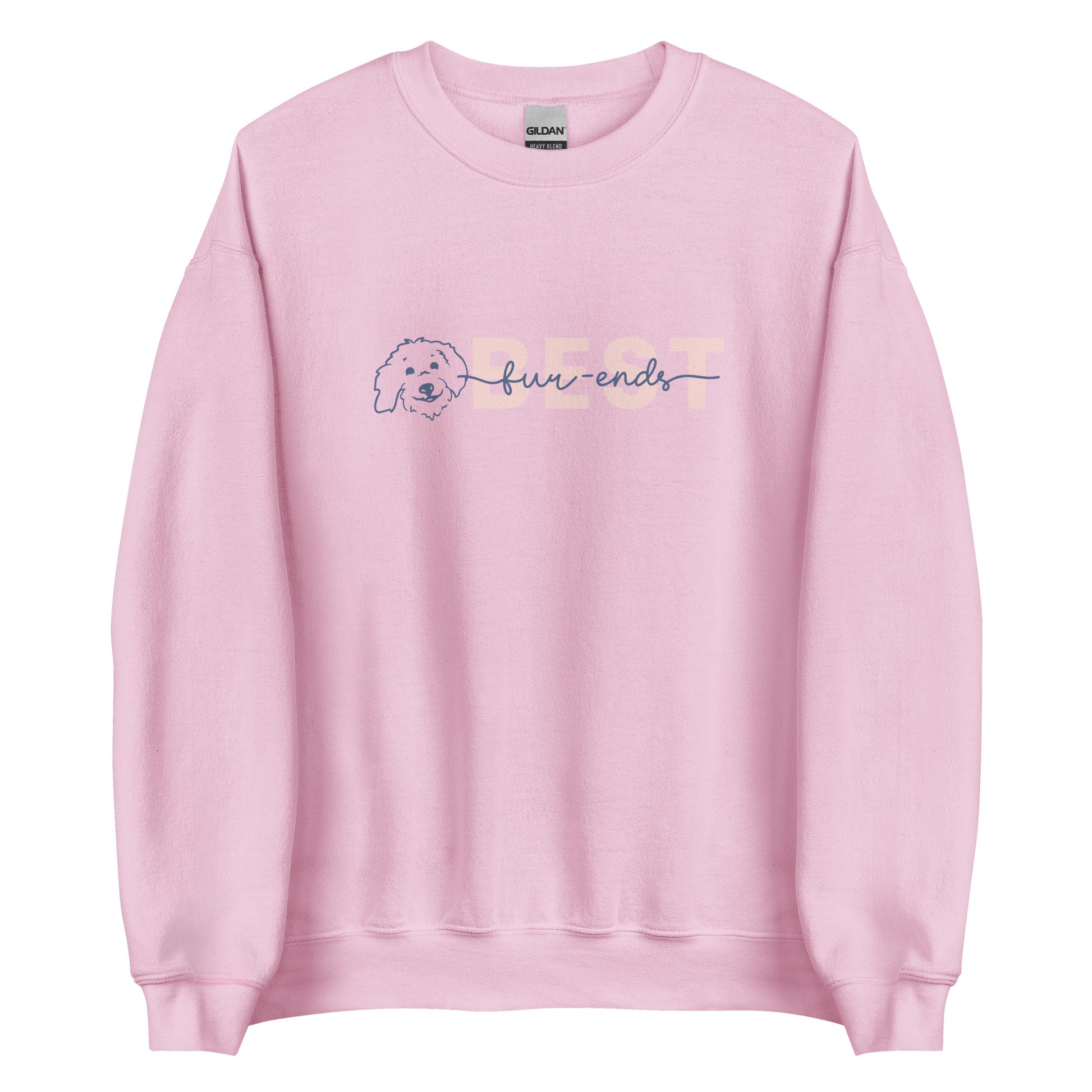 Goldendoodle crew neck sweatshirt with Goldendoodle face and words "Best fur-Ends" in light pink color