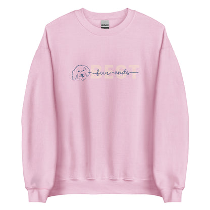 Goldendoodle crew neck sweatshirt with Goldendoodle face and words "Best fur-Ends" in light pink color