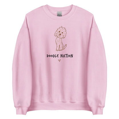 Light pink crew neck sweatshirt with hand drawn dog design and saying Doodle Nation