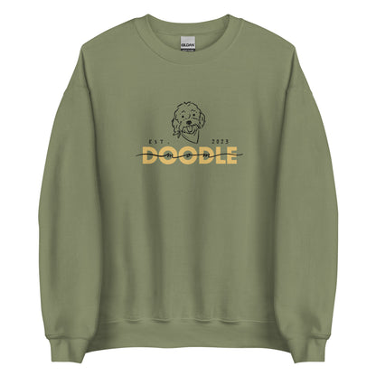 Goldendoodle Mom crew neck sweatshirt with Goldendoodle face and words "Doodle Mom Est 2023" in military green  color