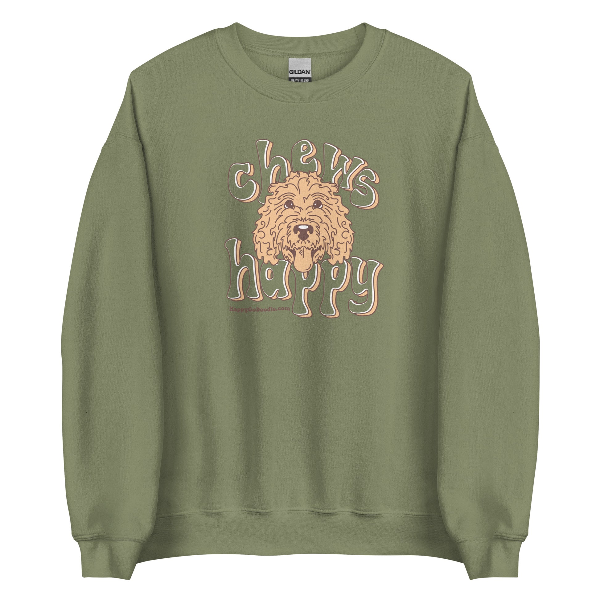 Goldendoodle crew neck sweatshirt with Goldendoodle face and words "Chews Happy" in military green color