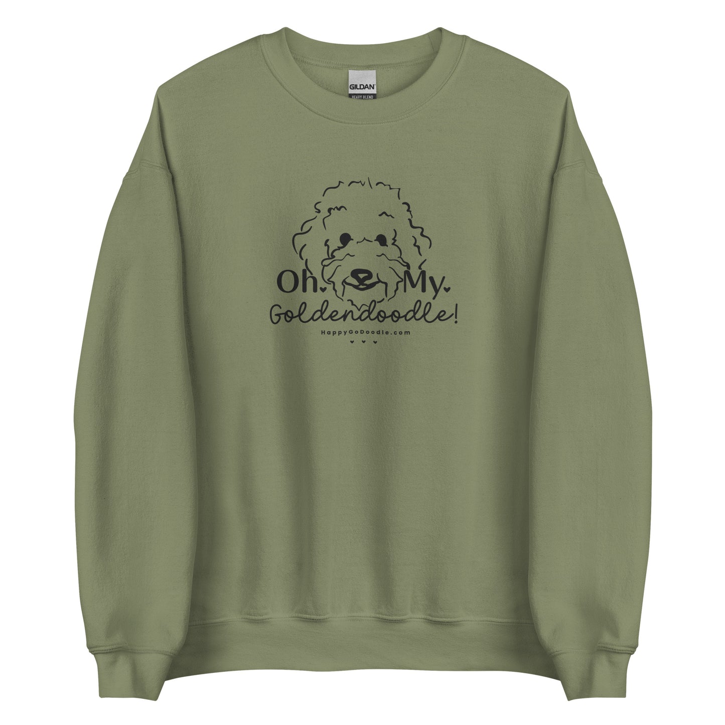 Goldendoodle crew neck sweatshirt with Goldendoodle face and words "Oh My Goldendoodle" in military green color