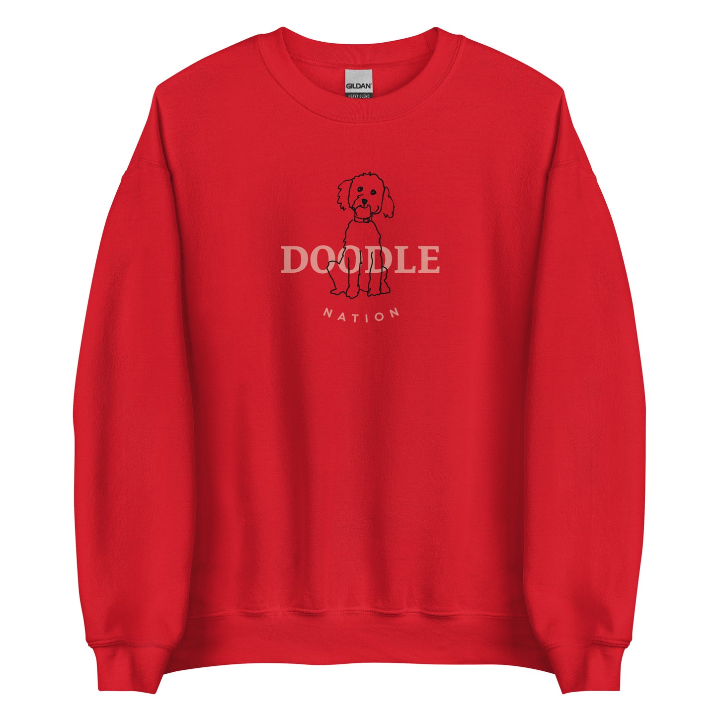 Goldendoodle crew neck sweatshirt with Goldendoodle and words "Doodle Nation" in red color