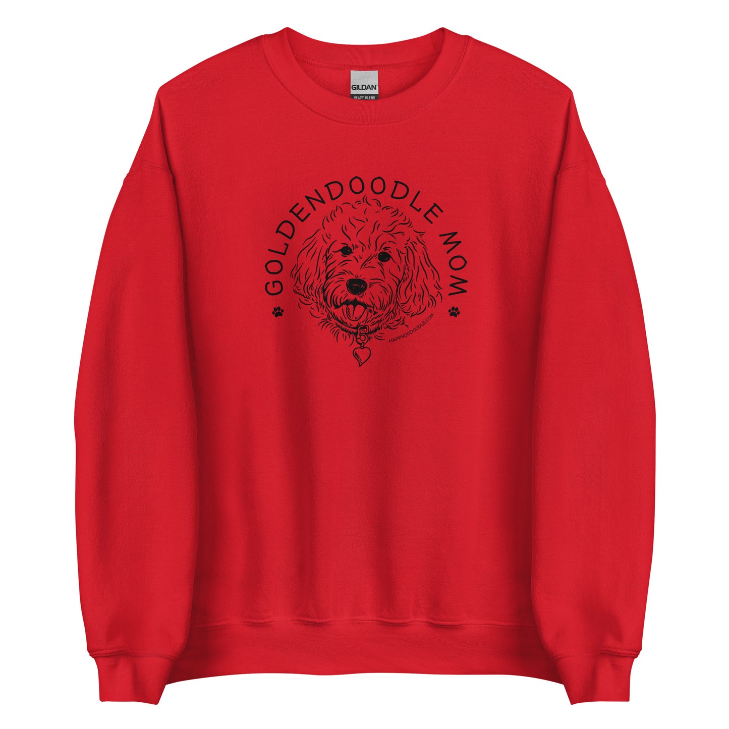Goldendoodle crew neck sweatshirt with Goldendoodle face and words "Goldendoodle Mom" in red color
