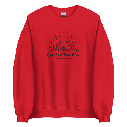 Goldendoodle crew neck sweatshirt with Goldendoodle face and words "Oh My Goldendoodle" in red color