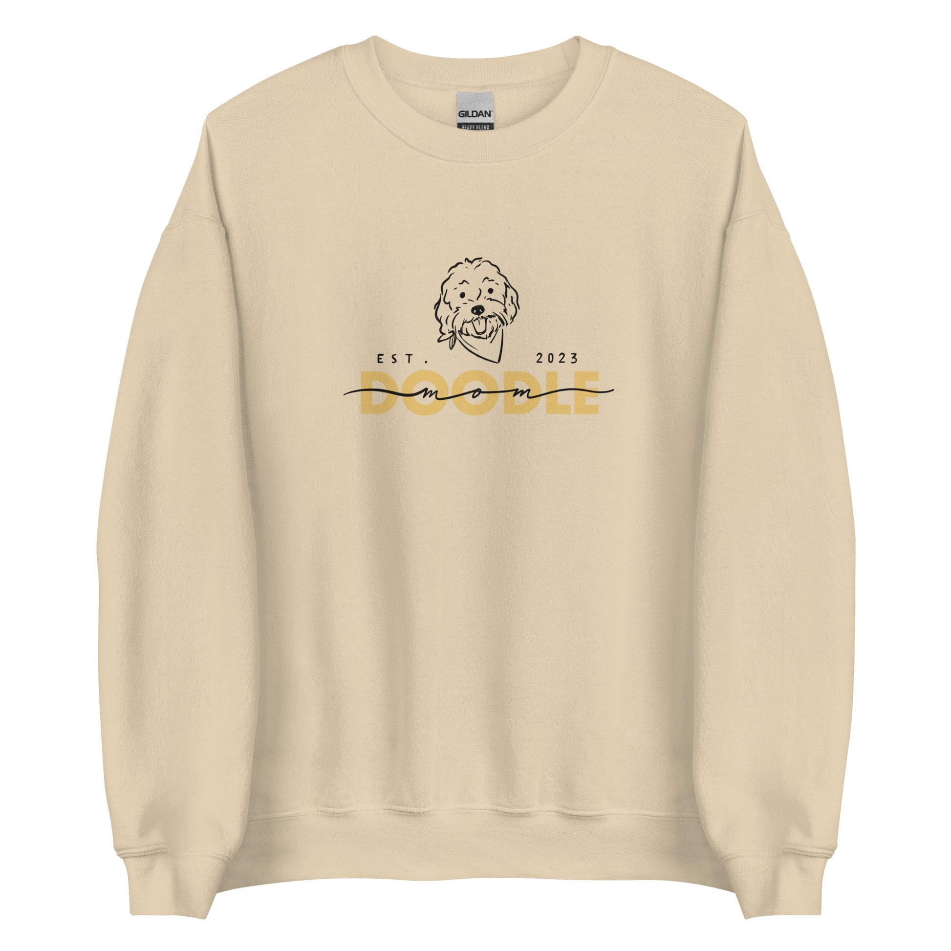 Goldendoodle Mom crew neck sweatshirt with Goldendoodle face and words "Doodle Mom Est 2023" in sand color