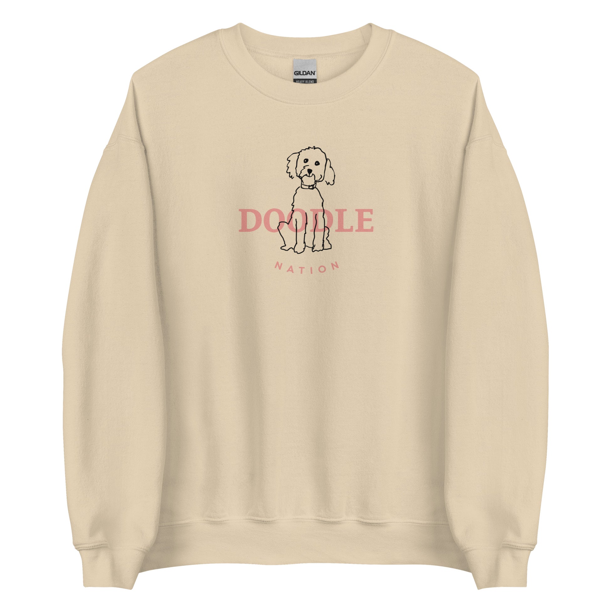Goldendoodle crew neck sweatshirt with Goldendoodle and words "Doodle Nation" in sand color