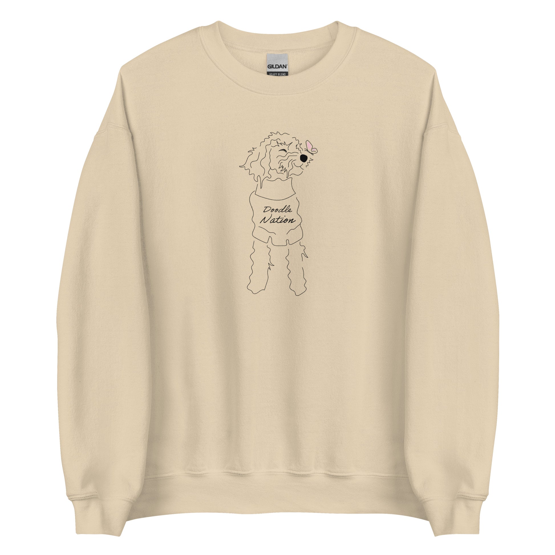 Goldendoodle crew neck sweatshirt with Goldendoodle dog face and words "Doodle Nation" in sand  color