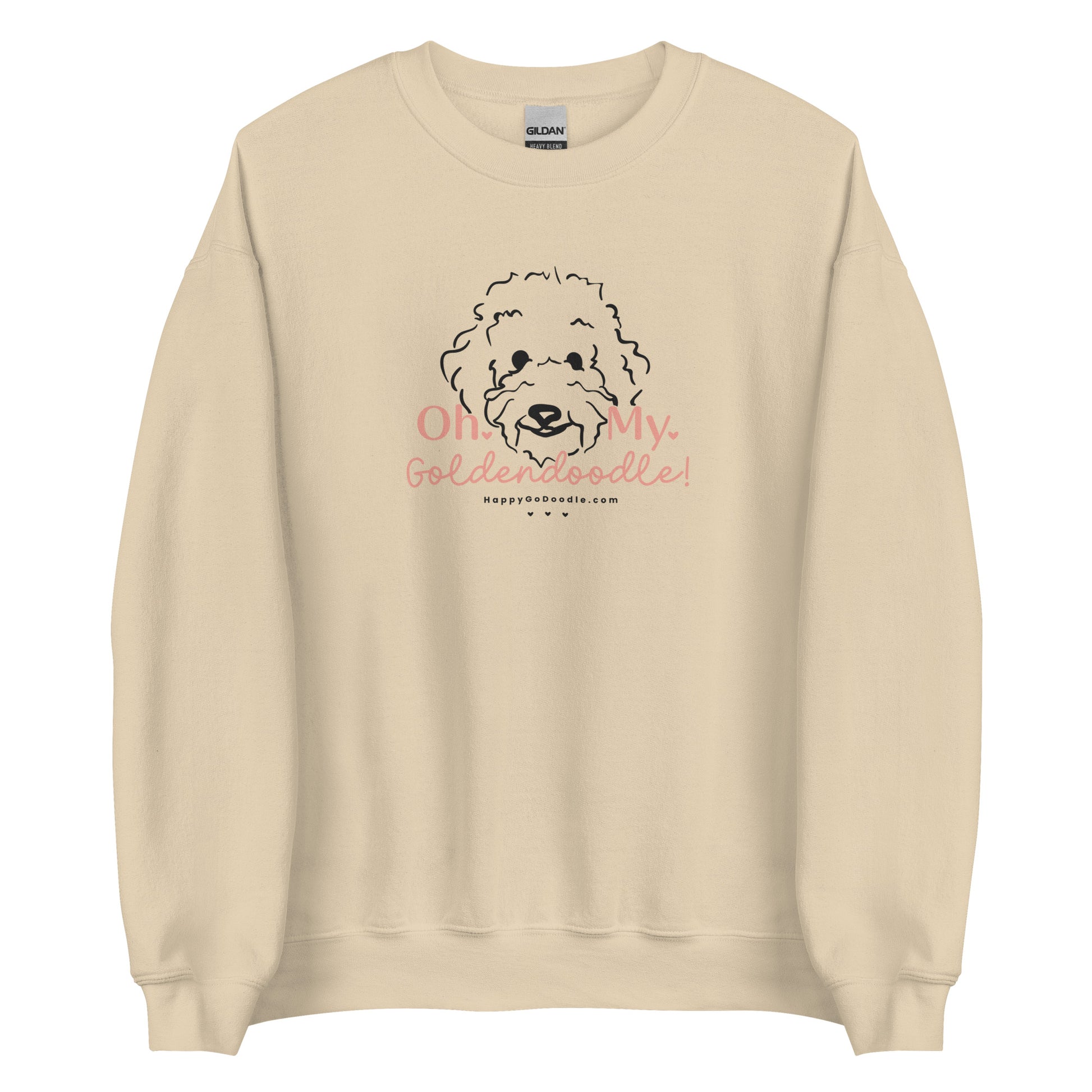 Goldendoodle crew neck sweatshirt with Goldendoodle face and words "Oh My Goldendoodle" in  sand
