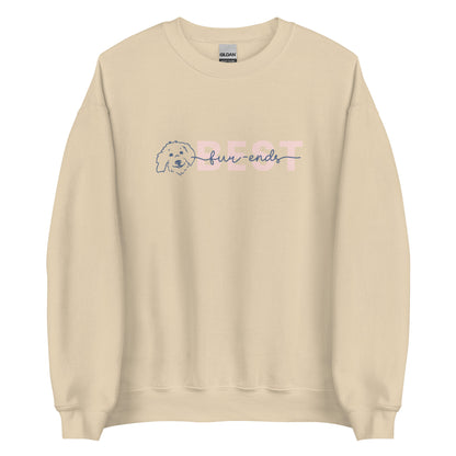 Goldendoodle crew neck sweatshirt with Goldendoodle face and words "Best fur-Ends" in sand color