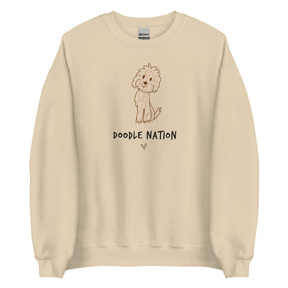 Sand  crew neck sweatshirt with hand drawn dog design and saying Doodle Nation