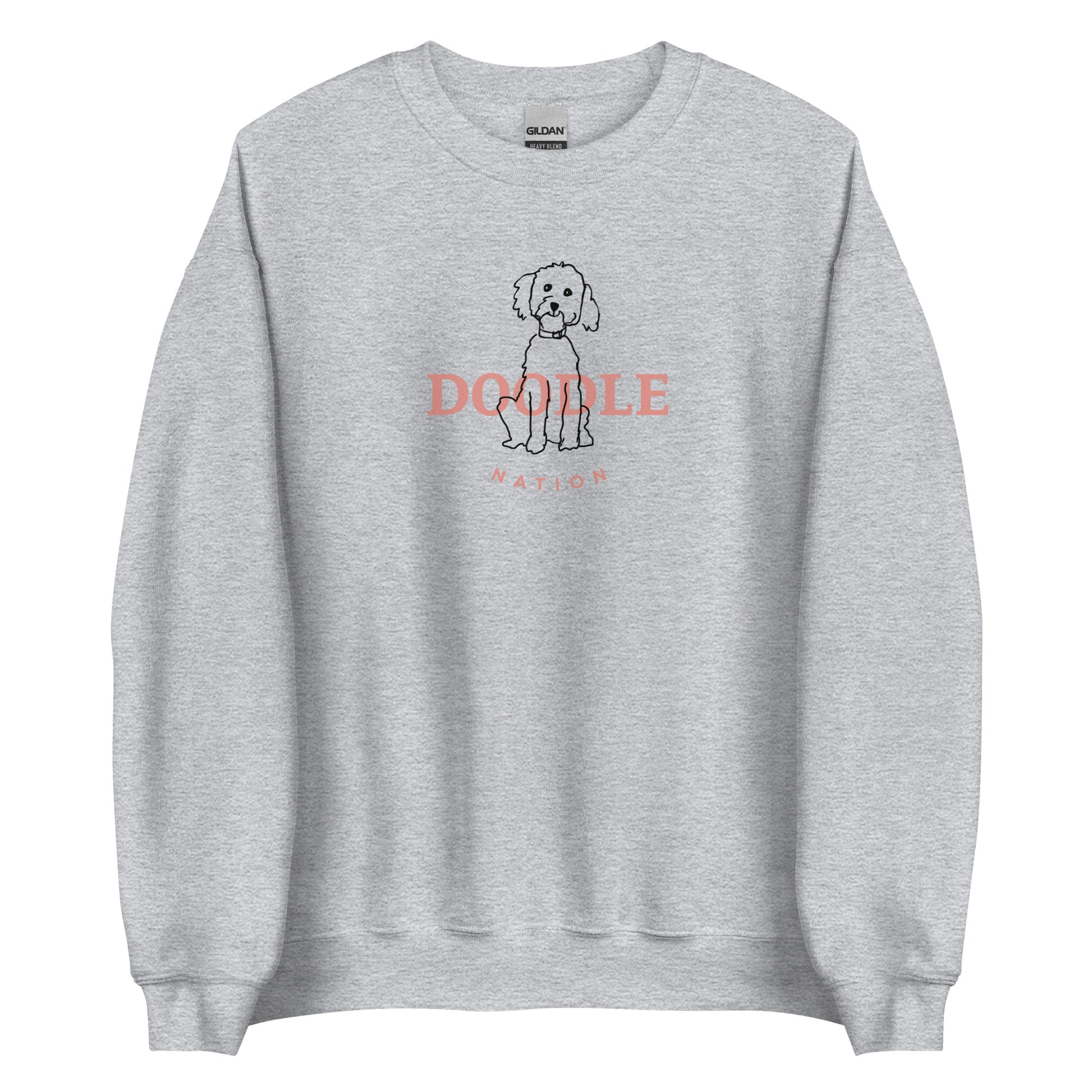 Goldendoodle crew neck sweatshirt with Goldendoodle and words "Doodle Nation" in sport grey color