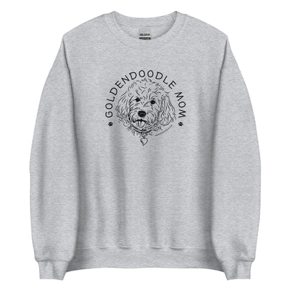 Goldendoodle crew neck sweatshirt with Goldendoodle face and words "Goldendoodle Mom" in sport gray color