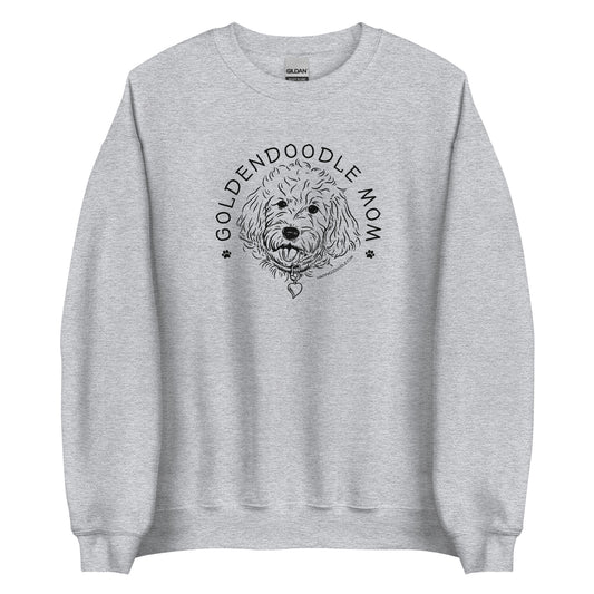 Goldendoodle crew neck sweatshirt with Goldendoodle face and words "Goldendoodle Mom" in sport gray color