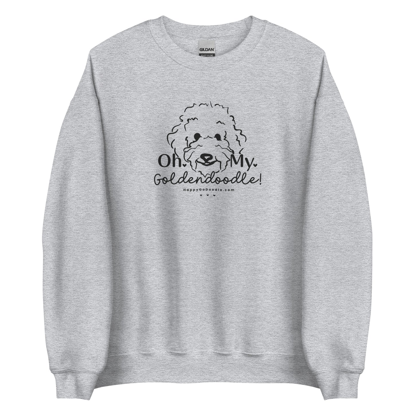 Goldendoodle crew neck sweatshirt with Goldendoodle face and words "Oh My Goldendoodle" in sport grey color