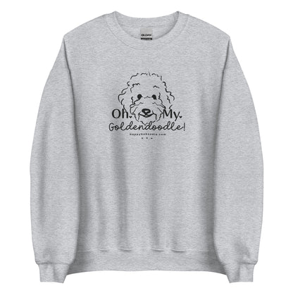 Goldendoodle crew neck sweatshirt with Goldendoodle face and words "Oh My Goldendoodle" in sport grey color