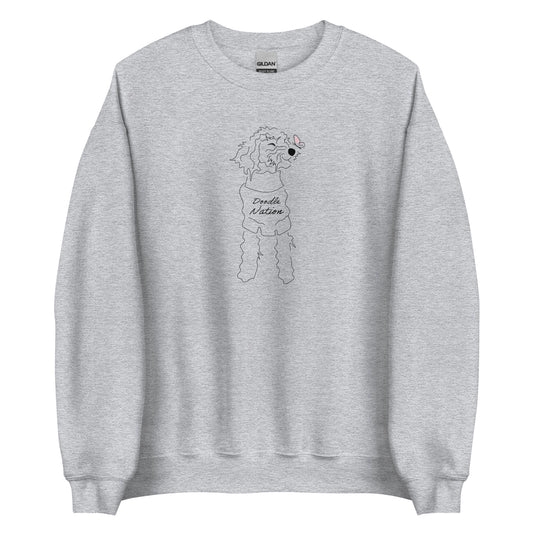 Goldendoodle crew neck sweatshirt with Goldendoodle dog face and words "Doodle Nation" in gray color