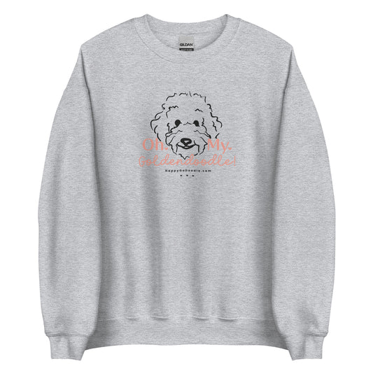 Goldendoodle crew neck sweatshirt with Goldendoodle face and words "Oh My Goldendoodle" in Gray