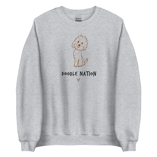 Grey crew neck sweatshirt with hand drawn dog design and saying Doodle Nation