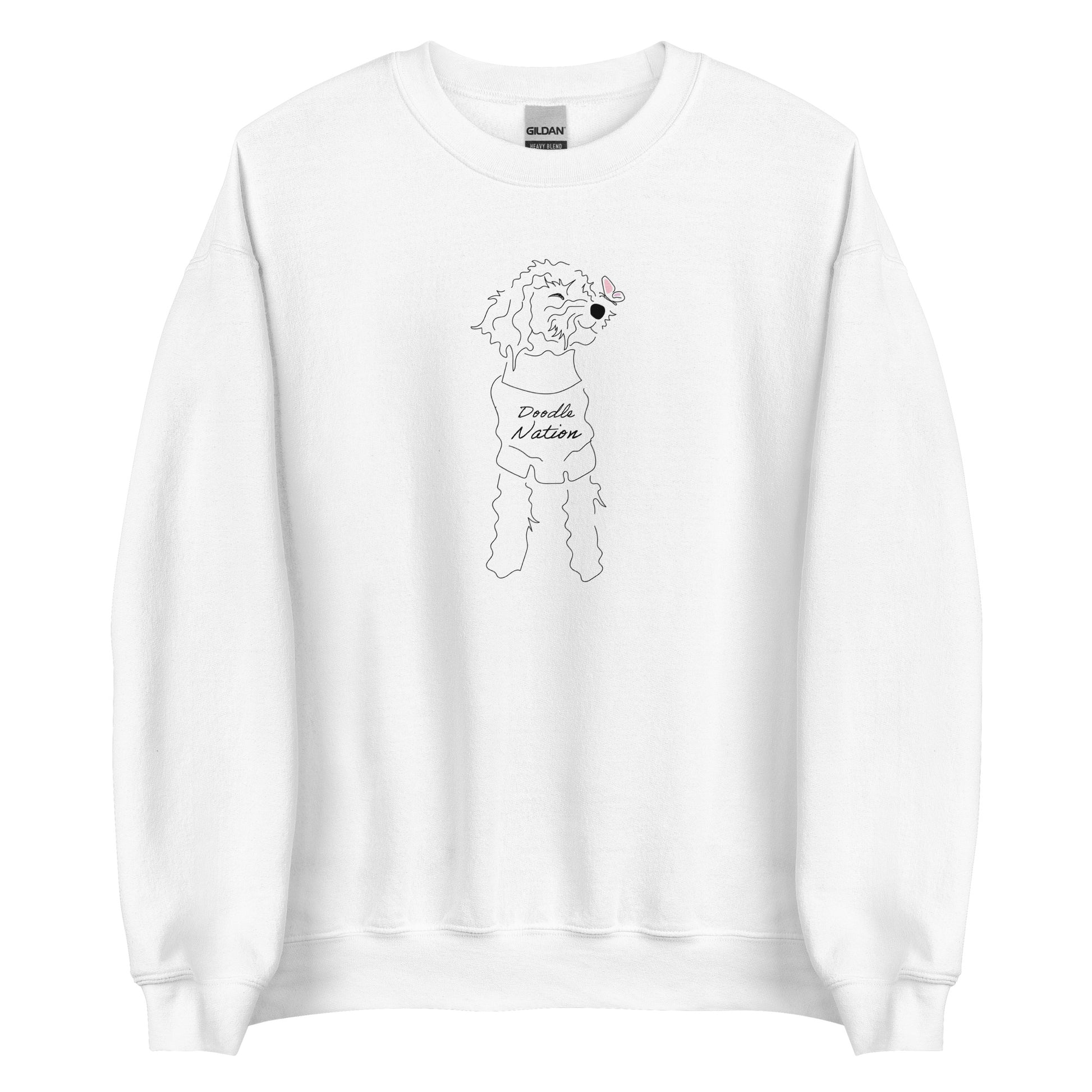 Goldendoodle crew neck sweatshirt with Goldendoodle dog face and words "Doodle Nation" in white color