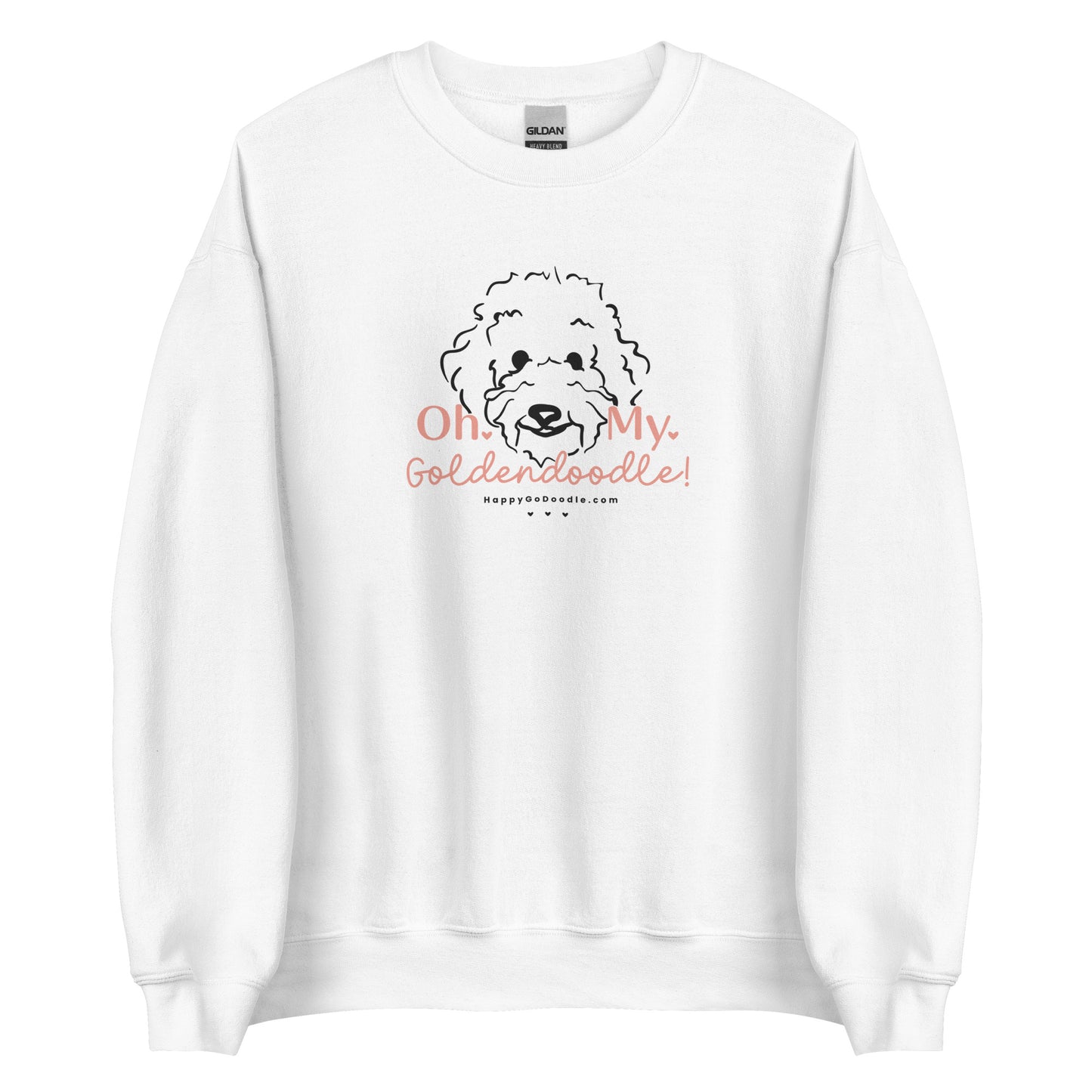 Goldendoodle crew neck sweatshirt with Goldendoodle face and words "Oh My Goldendoodle" in white