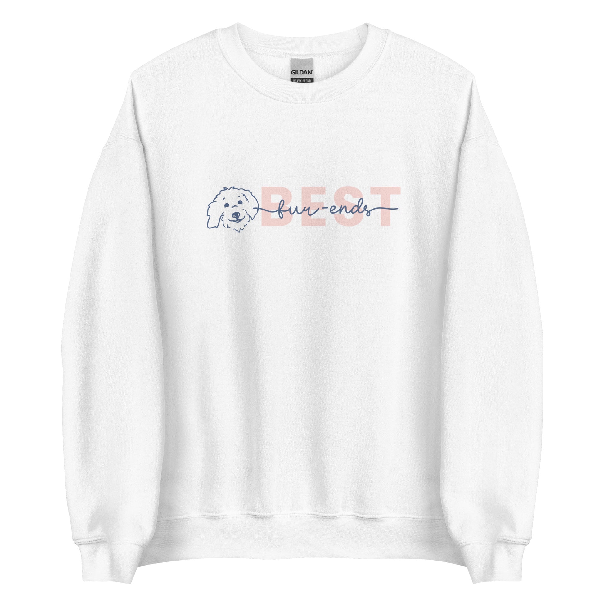 Goldendoodle crew neck sweatshirt with Goldendoodle face and words "Best fur-Ends" in white color