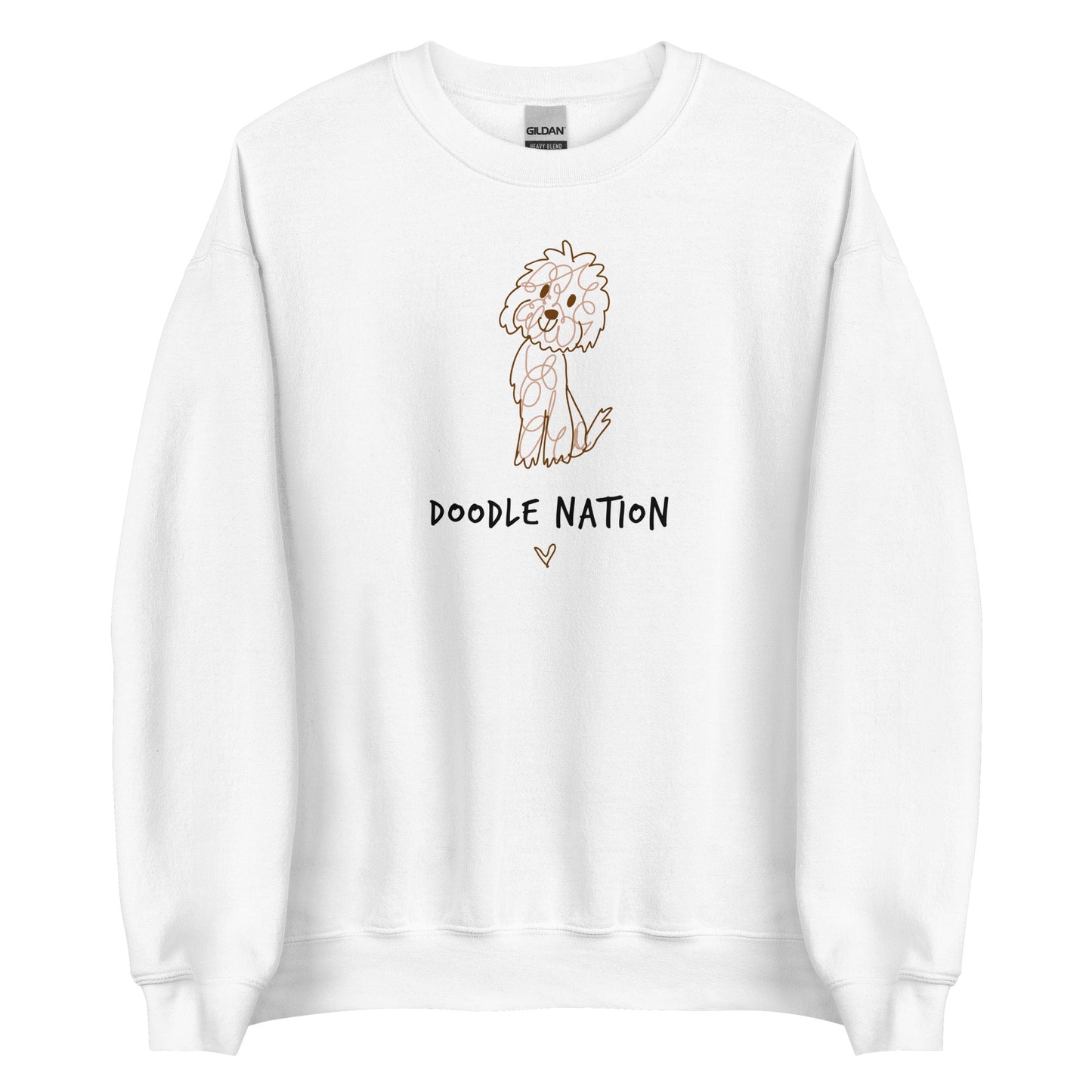 White crew neck sweatshirt with hand drawn dog design and saying Doodle Nation
