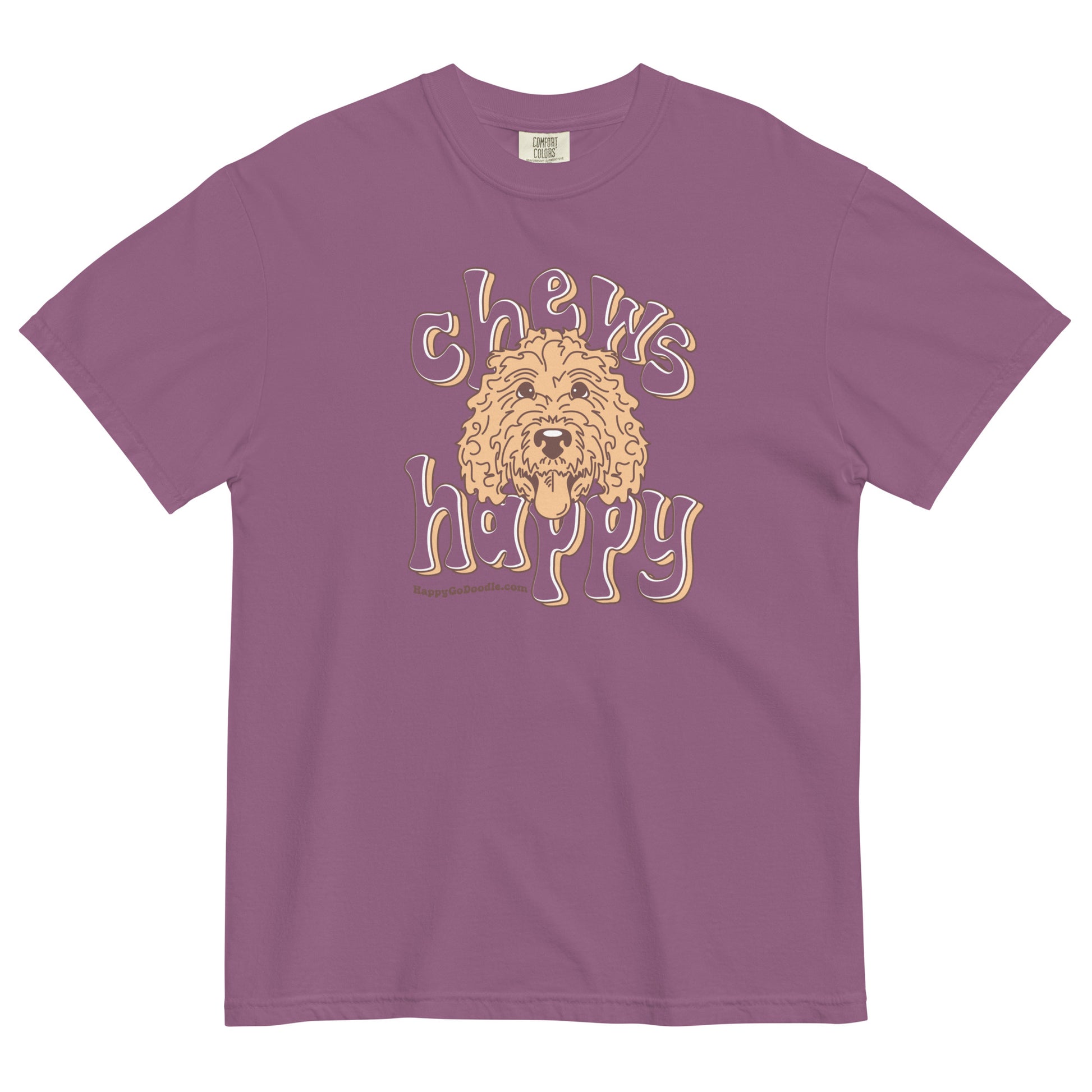 Goldendoodle comfort colors t-shirt with Goldendoodle face and words "Chews Happy" in berry color