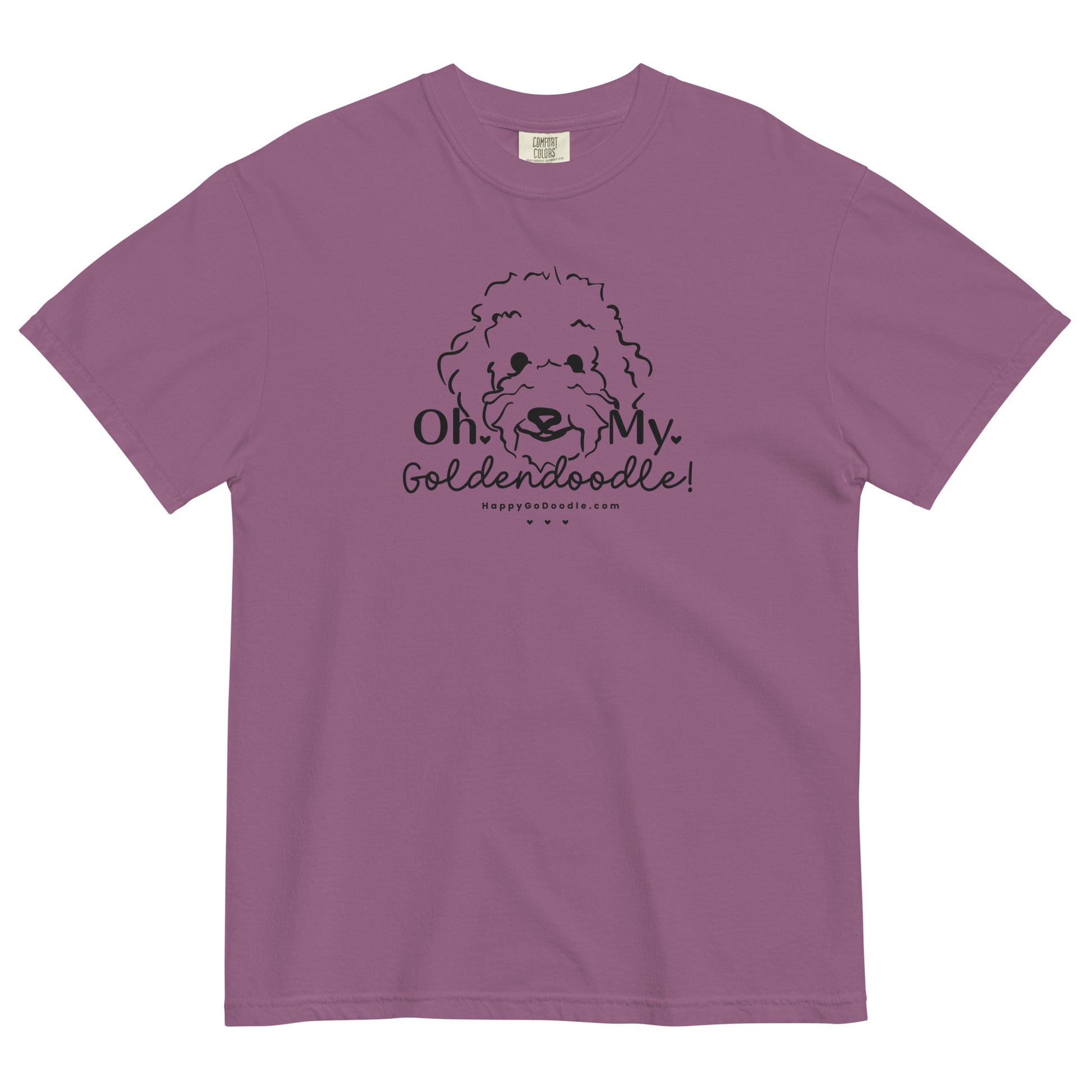 Goldendoodle comfort colors t-shirt with Goldendoodle face and words "Oh My Goldendoodle" in berry  color
