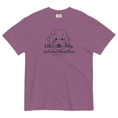 Goldendoodle comfort colors t-shirt with Goldendoodle face and words "Oh My Goldendoodle" in berry  color