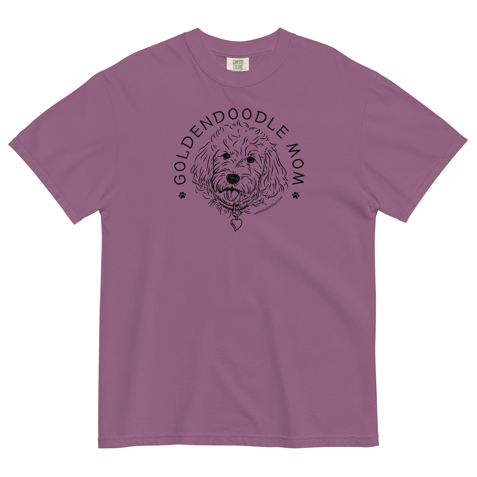 Goldendoodle Mom comfort colors t-shirt with Goldendoodle face and words "Goldendoodle Mom" in berry color