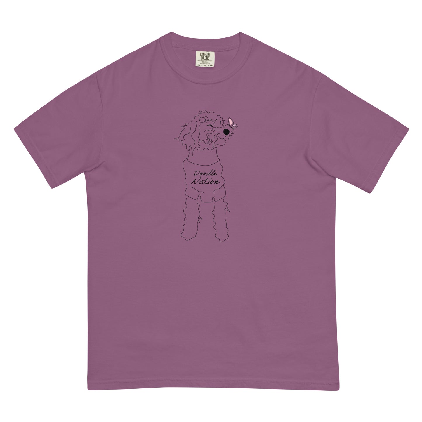 Goldendoodle comfort colors t-shirt with Goldendoodle dog and words "Doodle Nation" in berry color