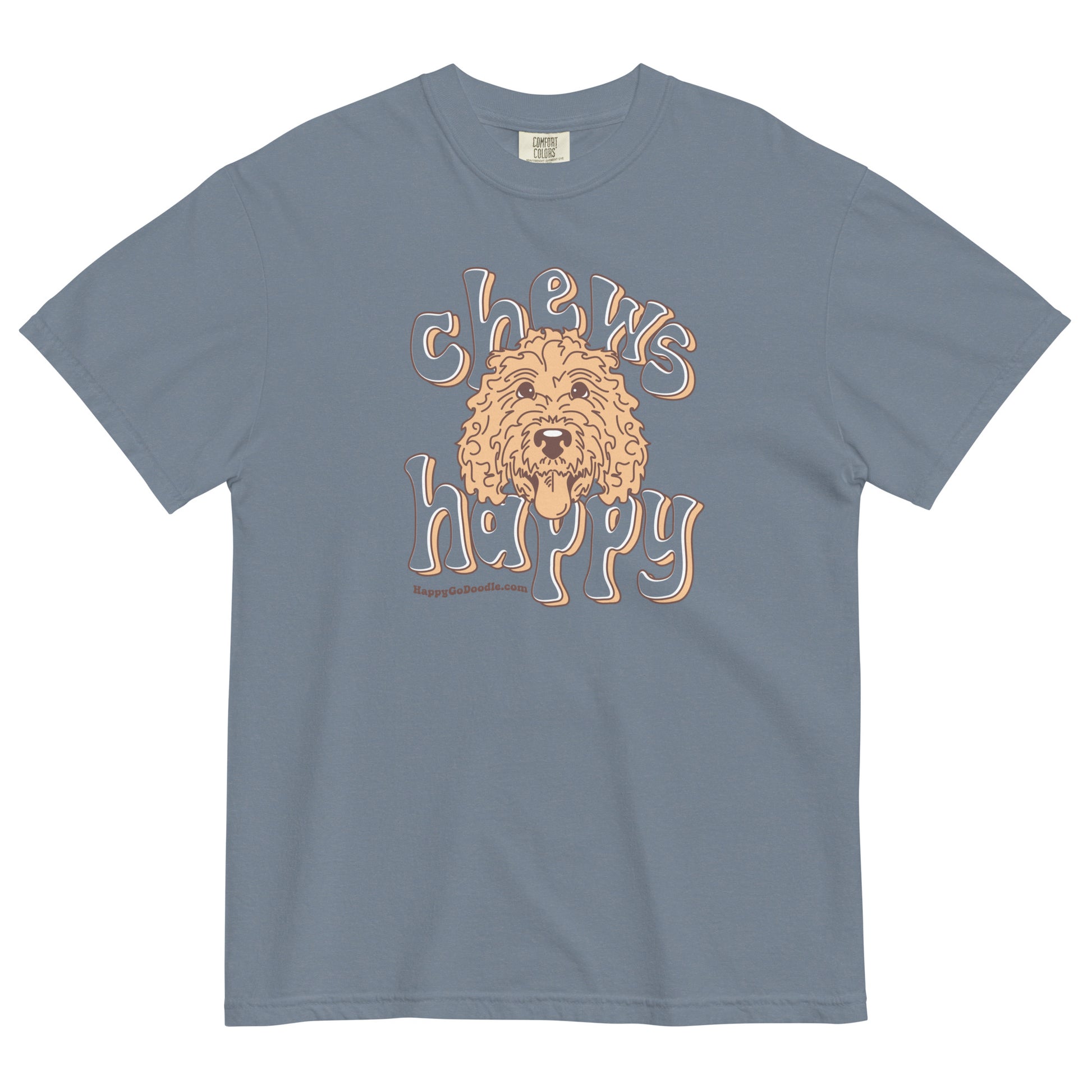 Goldendoodle comfort colors t-shirt with Goldendoodle face and words "Chews Happy" in blue jean color