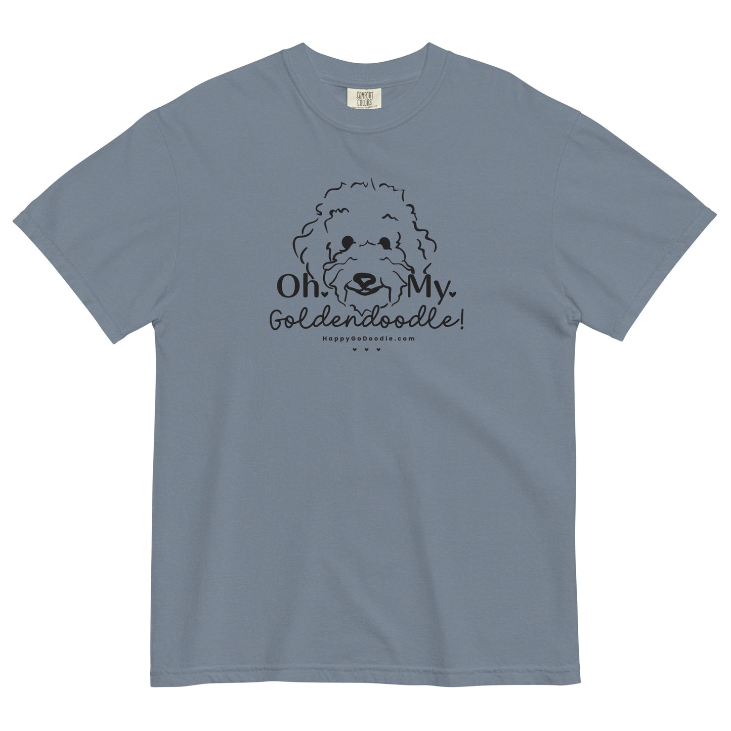Goldendoodle comfort colors t-shirt with Goldendoodle face and words "Oh My Goldendoodle" in blue jean color