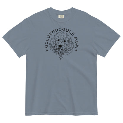 Goldendoodle Mom comfort colors t-shirt with Goldendoodle face and words "Goldendoodle Mom" in blue jean color