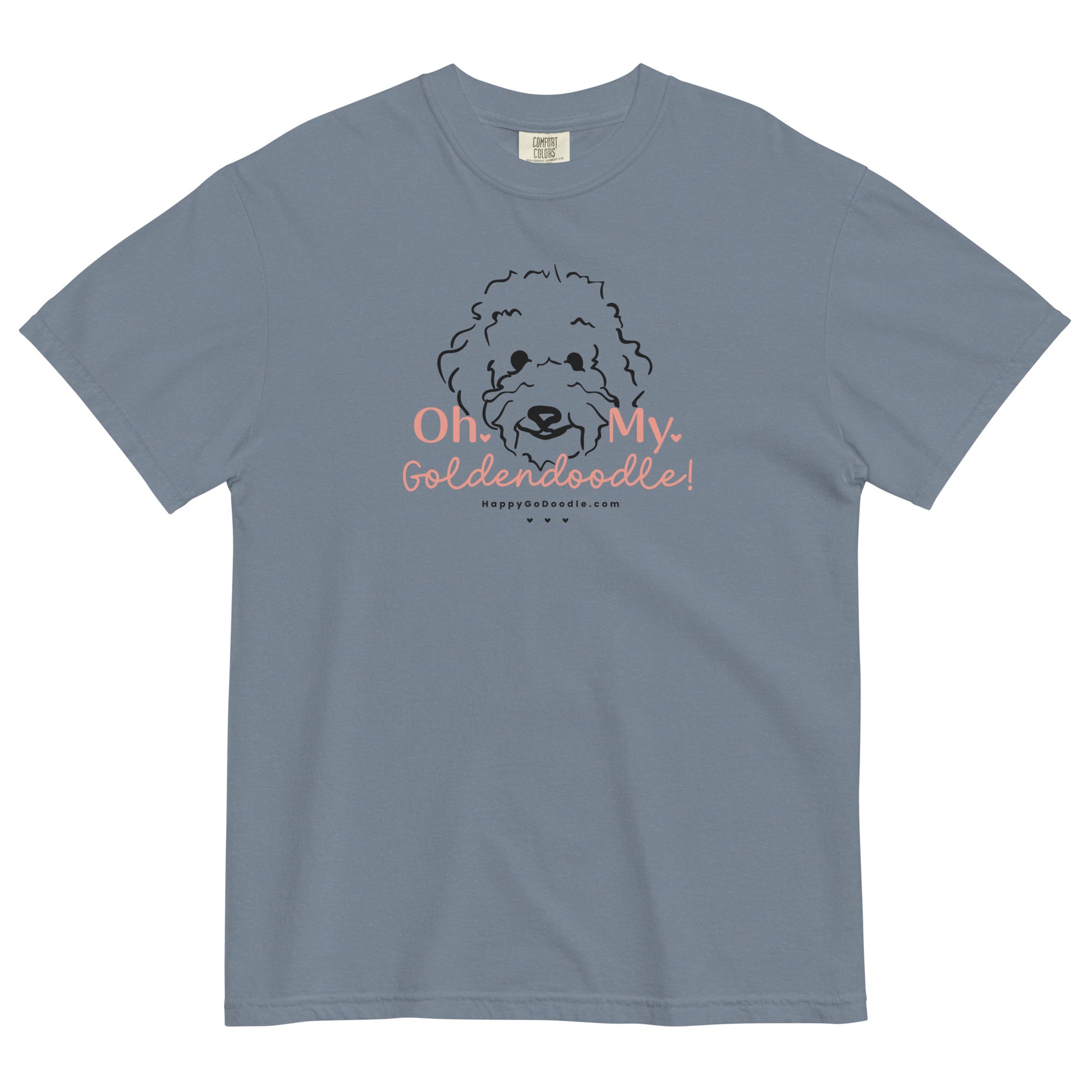 Goldendoodle comfort colors t-shirt with Goldendoodle dog face and words "Oh My Goldendoodle" in blue jean color