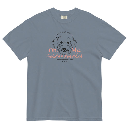 Goldendoodle comfort colors t-shirt with Goldendoodle dog face and words "Oh My Goldendoodle" in blue jean color