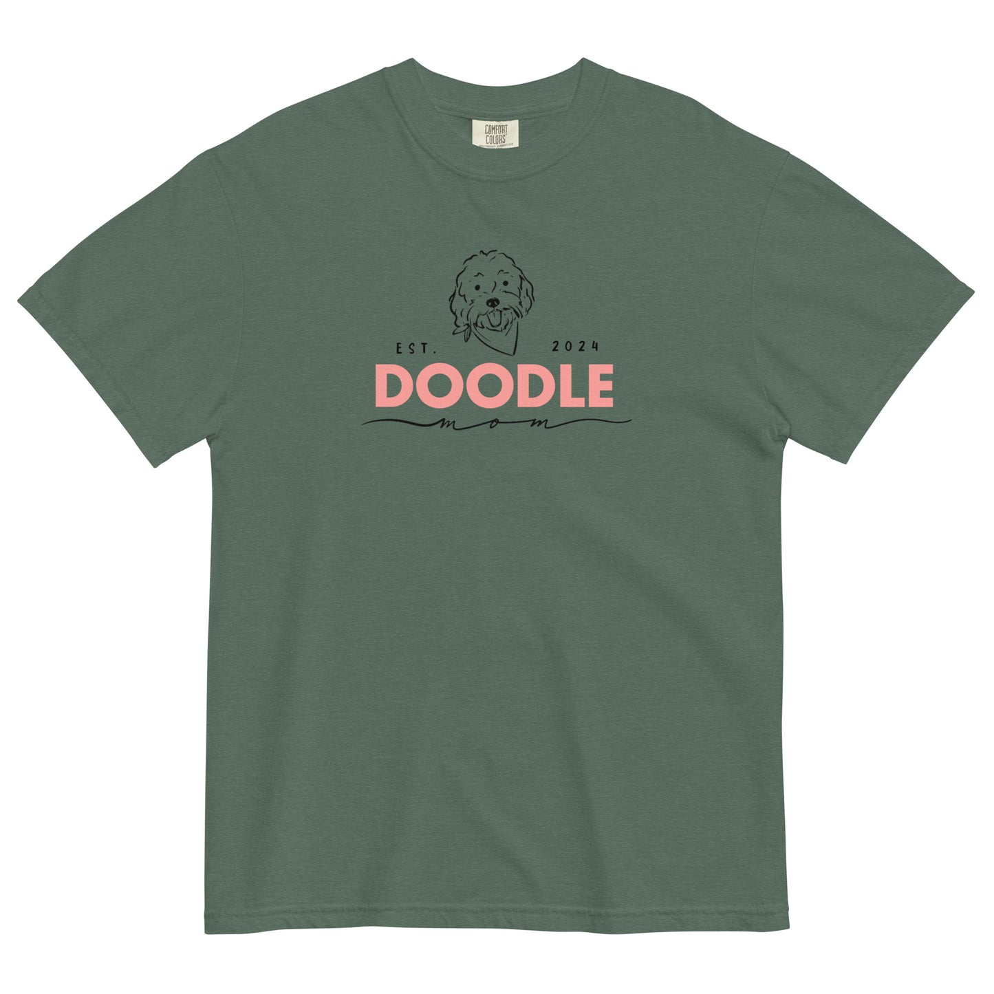 This Goldendoodle shirt features the message, "Doodle Mom Est. 2024" with a cute Doodle dog's face printed on the front of a cozy T-Shirt. The tag inside the shirt says Comfort Colors