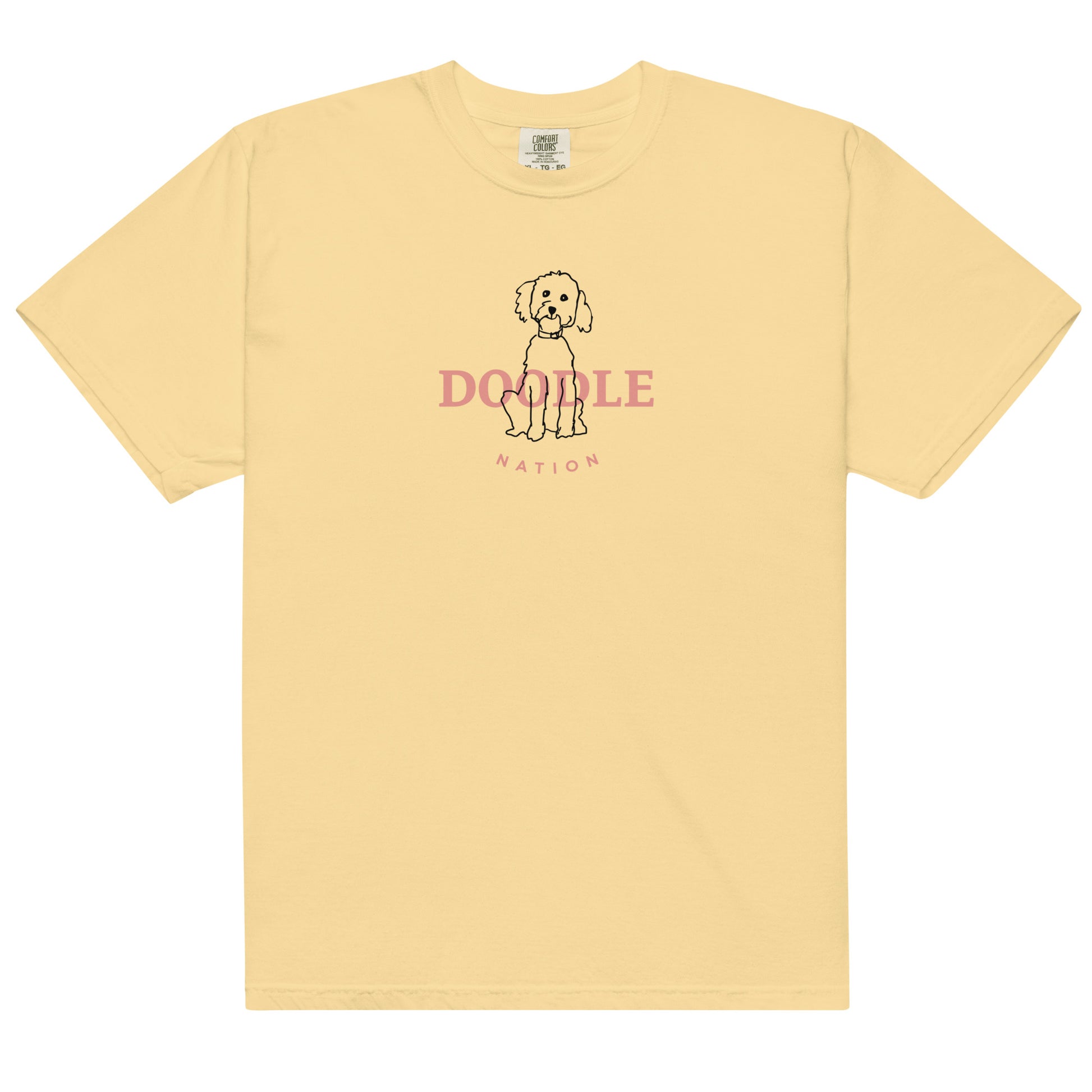 Goldendoodle comfort colors t-shirt with Goldendoodle and words "Doodle Nation" in butter ccolor
