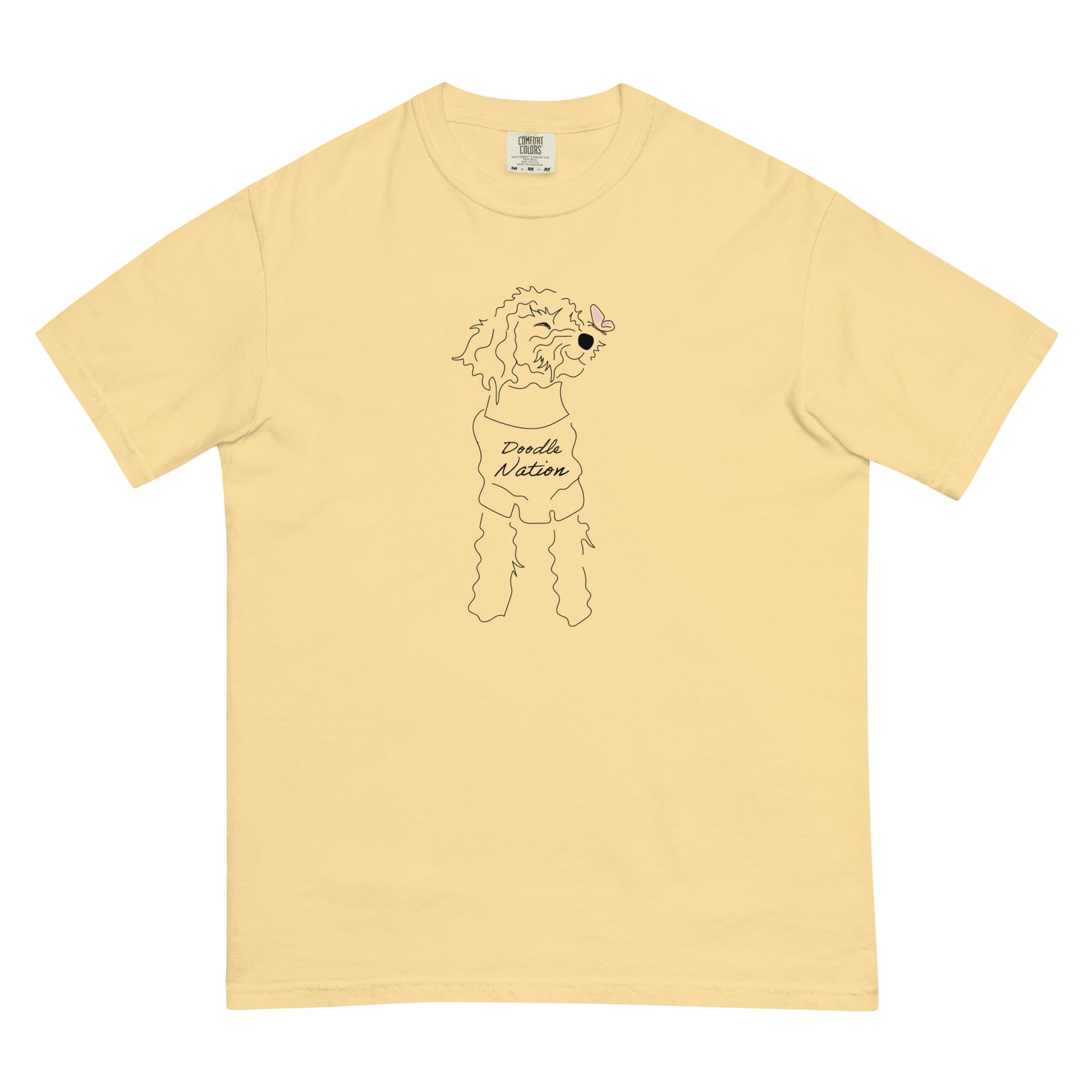 Goldendoodle comfort colors t-shirt with Goldendoodle dog and words "Doodle Nation" in butter color