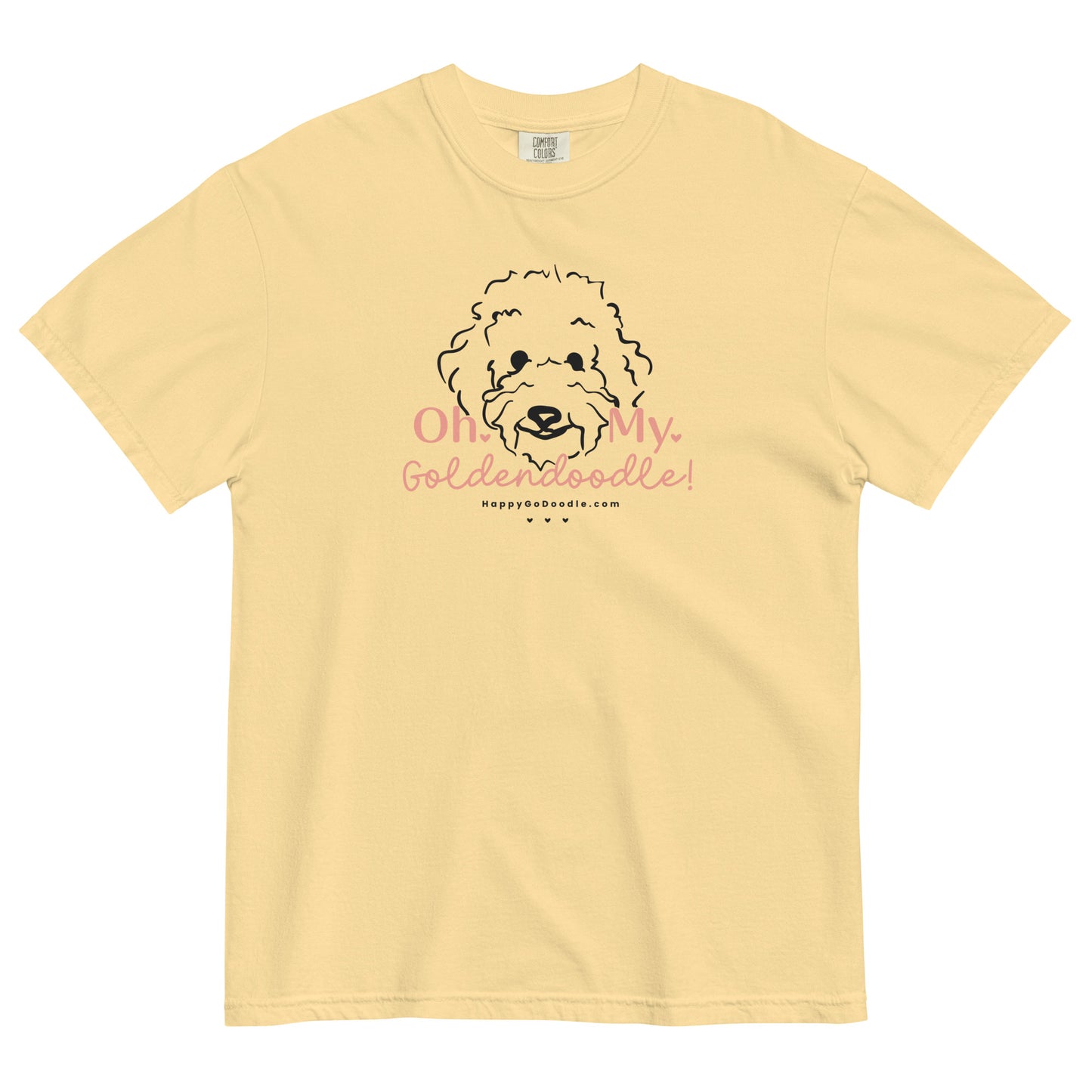 Goldendoodle comfort colors t-shirt with Goldendoodle dog face and words "Oh My Goldendoodle" in butter color