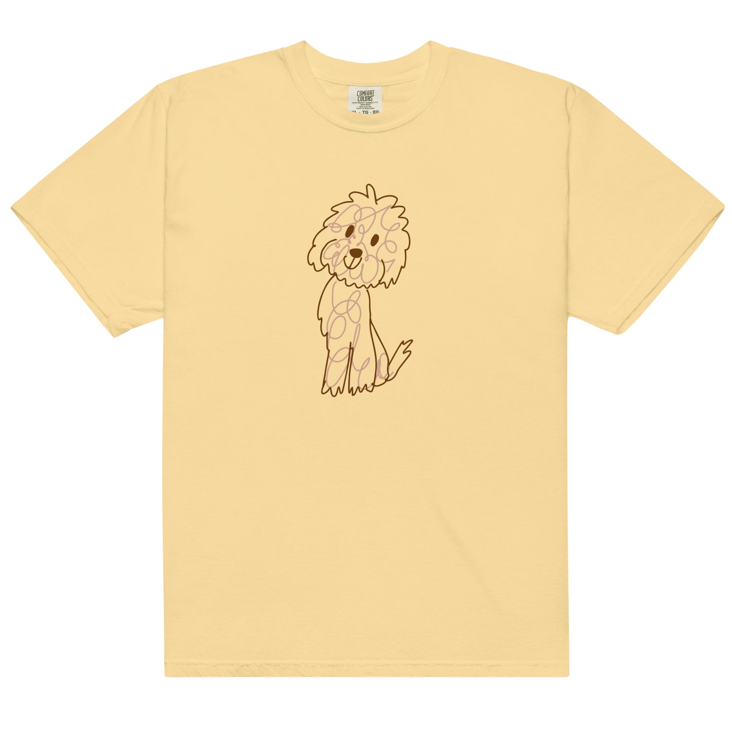 Comfort colors t-shirt with doodle dog drawn with fine lines butter color