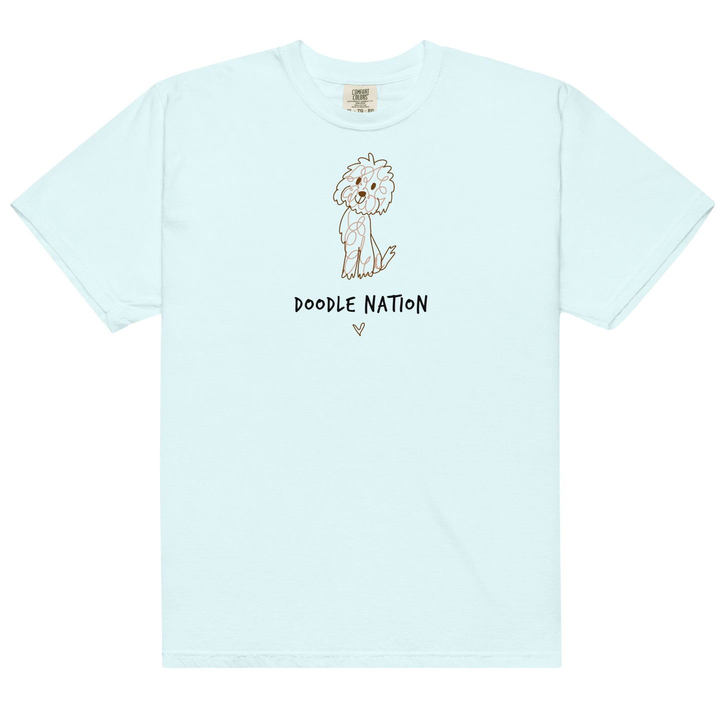 Chambray comfort color t-shirt with hand drawn dog design and saying Doodle Nation