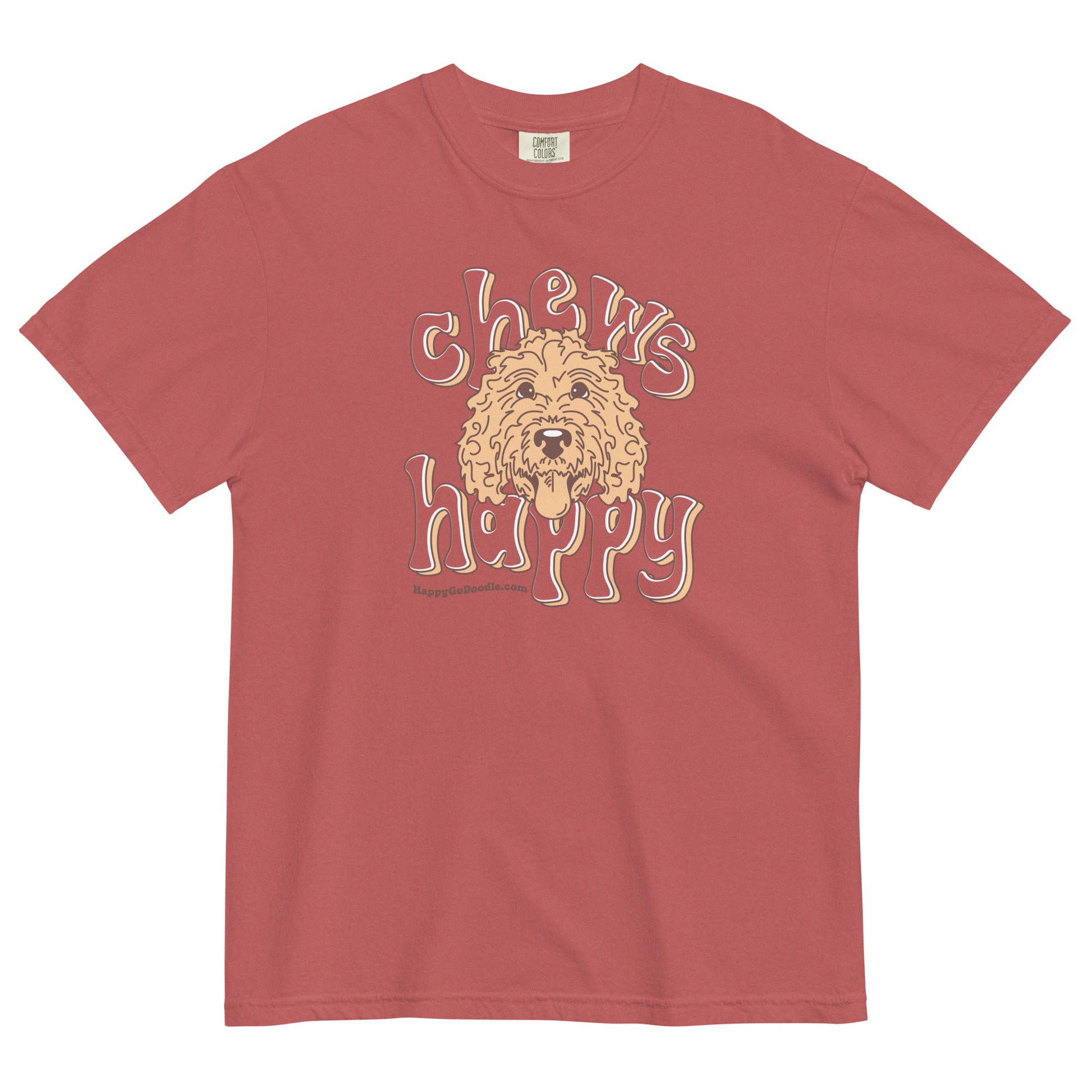 Goldendoodle comfort colors t-shirt with Goldendoodle face and words "Chews Happy" in crimson color