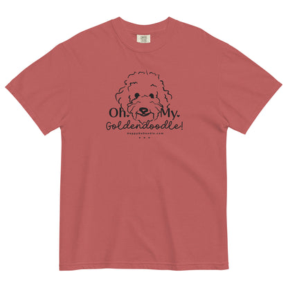 Goldendoodle comfort colors t-shirt with Goldendoodle face and words "Oh My Goldendoodle" in crimson color