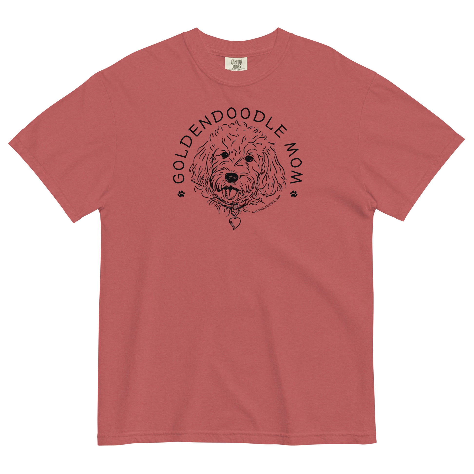 Goldendoodle Mom comfort colors t-shirt with Goldendoodle face and words "Goldendoodle Mom" in crimson color