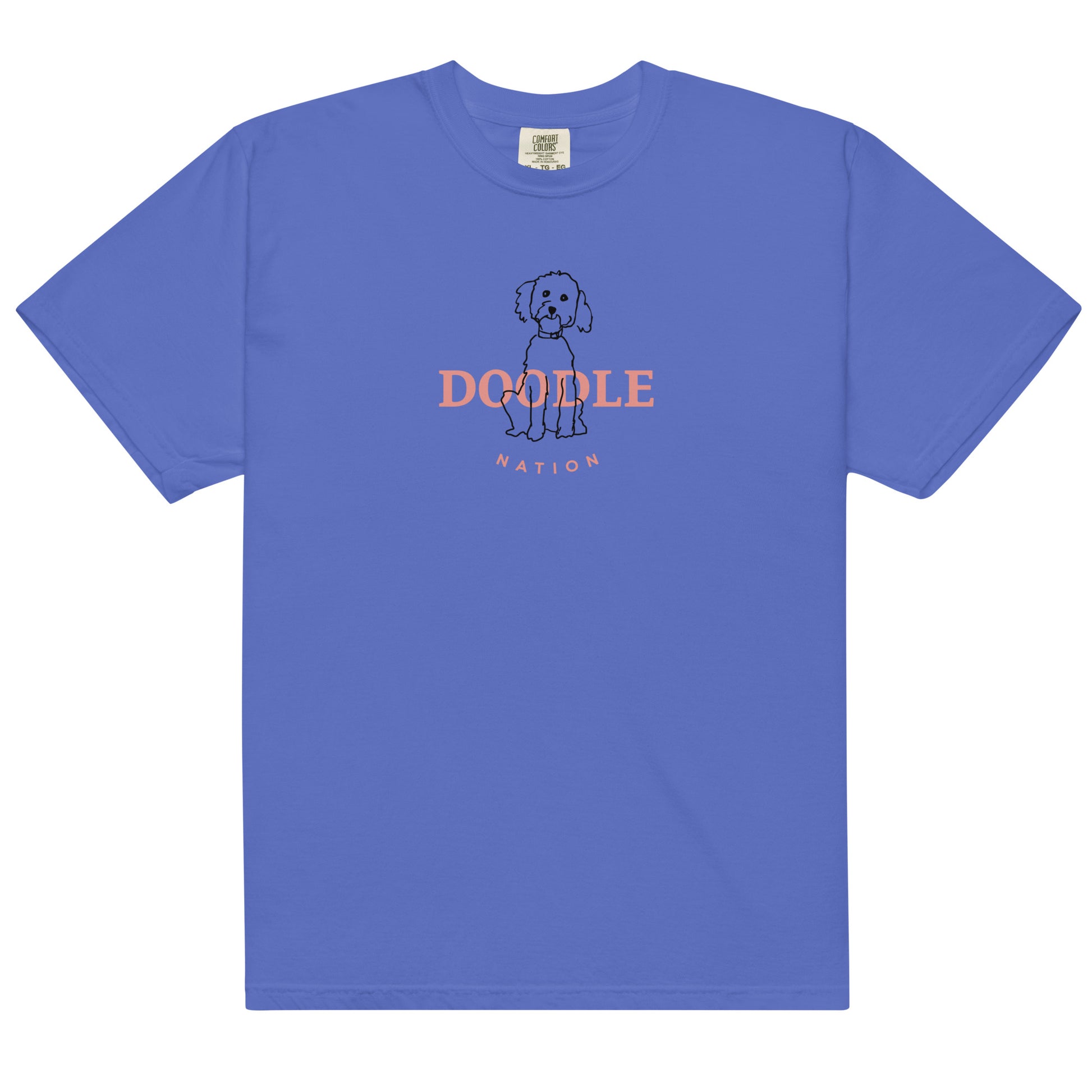 Goldendoodle comfort colors t-shirt with Goldendoodle and words "Doodle Nation" in flo blue color