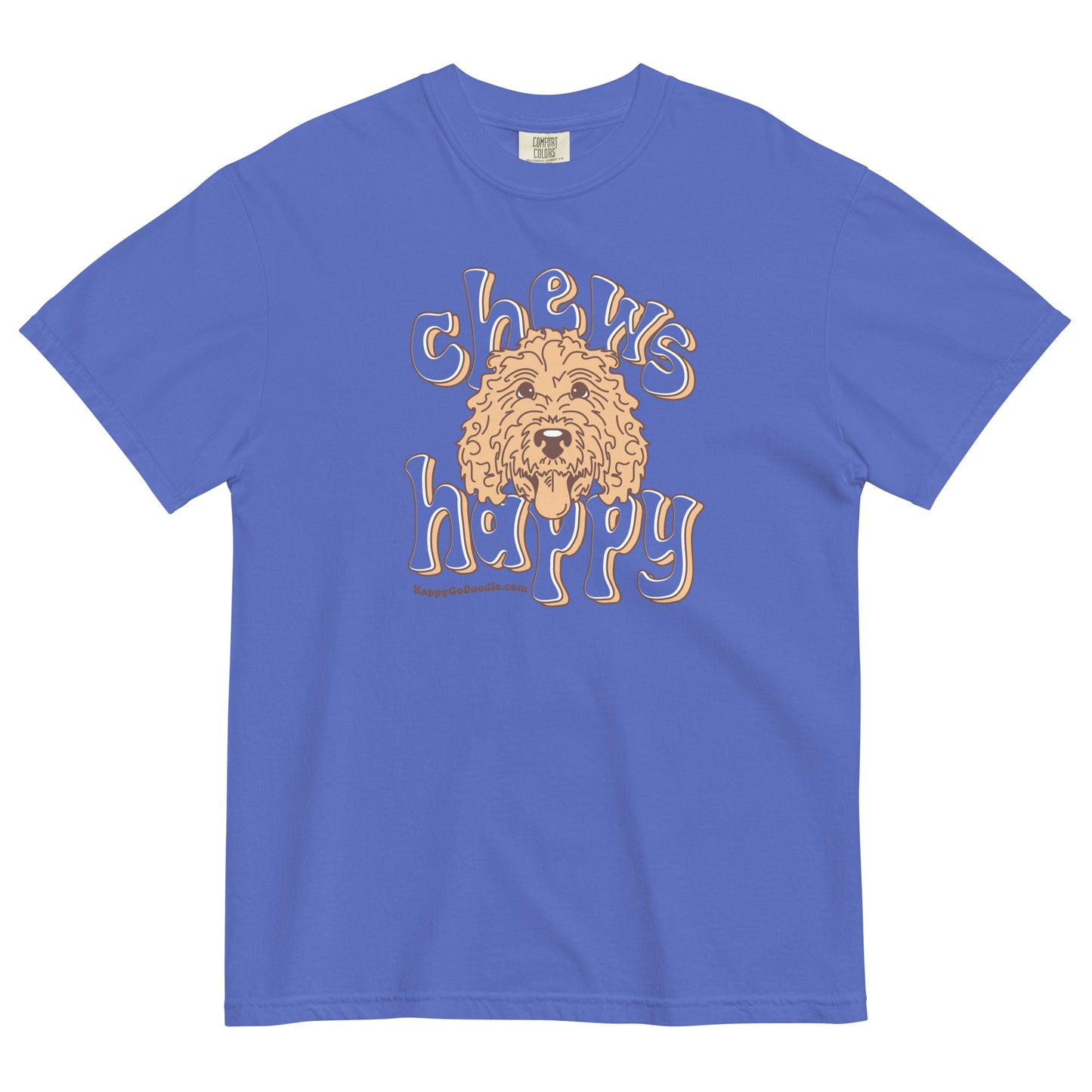 Goldendoodle comfort colors t-shirt with Goldendoodle face and words "Chews Happy" in flo blue color