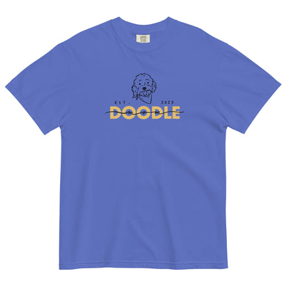 Goldendoodle Mom comfort colors t-shirt with Goldendoodle face and words "Doodle Mom Est 2023" in flo blue  color