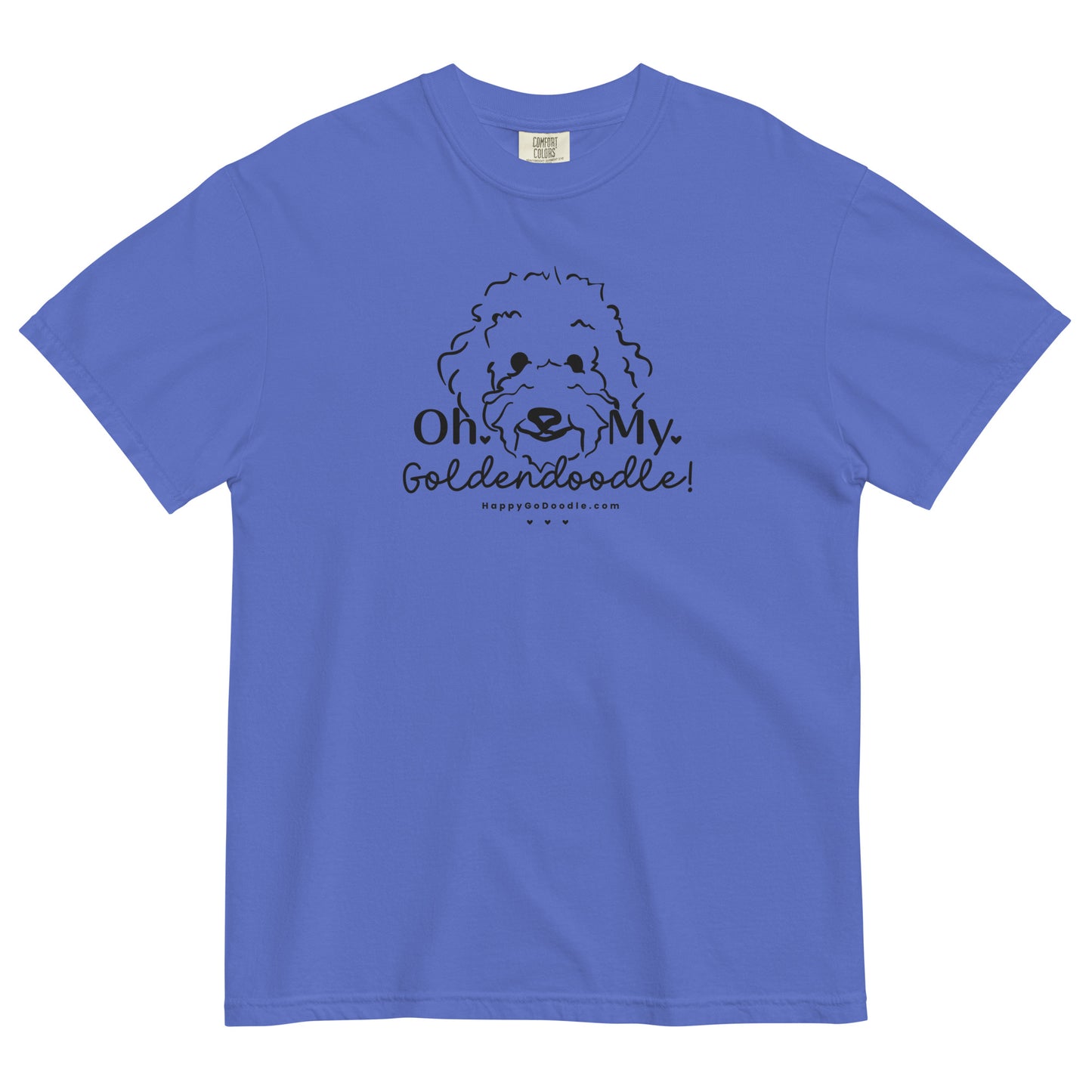 Goldendoodle comfort colors t-shirt with Goldendoodle face and words "Oh My Goldendoodle" in flo blue color